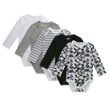 Hanes Baby Girls Bodysuits, Ultimate Flexy Infant Long Sleeve 5-Pack, White/Grey/Black, 0-6M Us