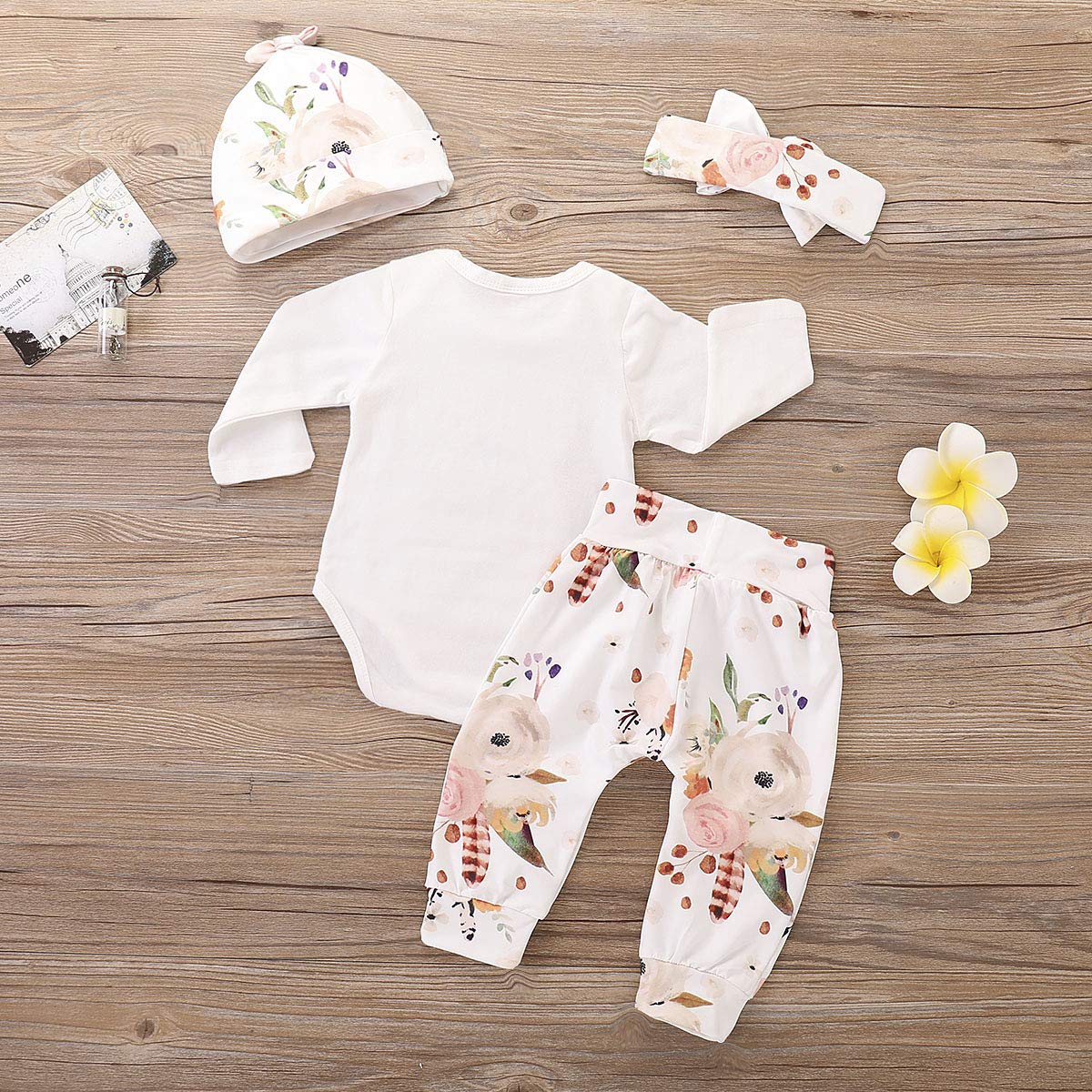 4Pcs Infant Girl Outfits Baby Sister Bodysuit Tops Floral Leggings Pants Set Bowknot Headbands Newborn Clothes (Little Sister,0-