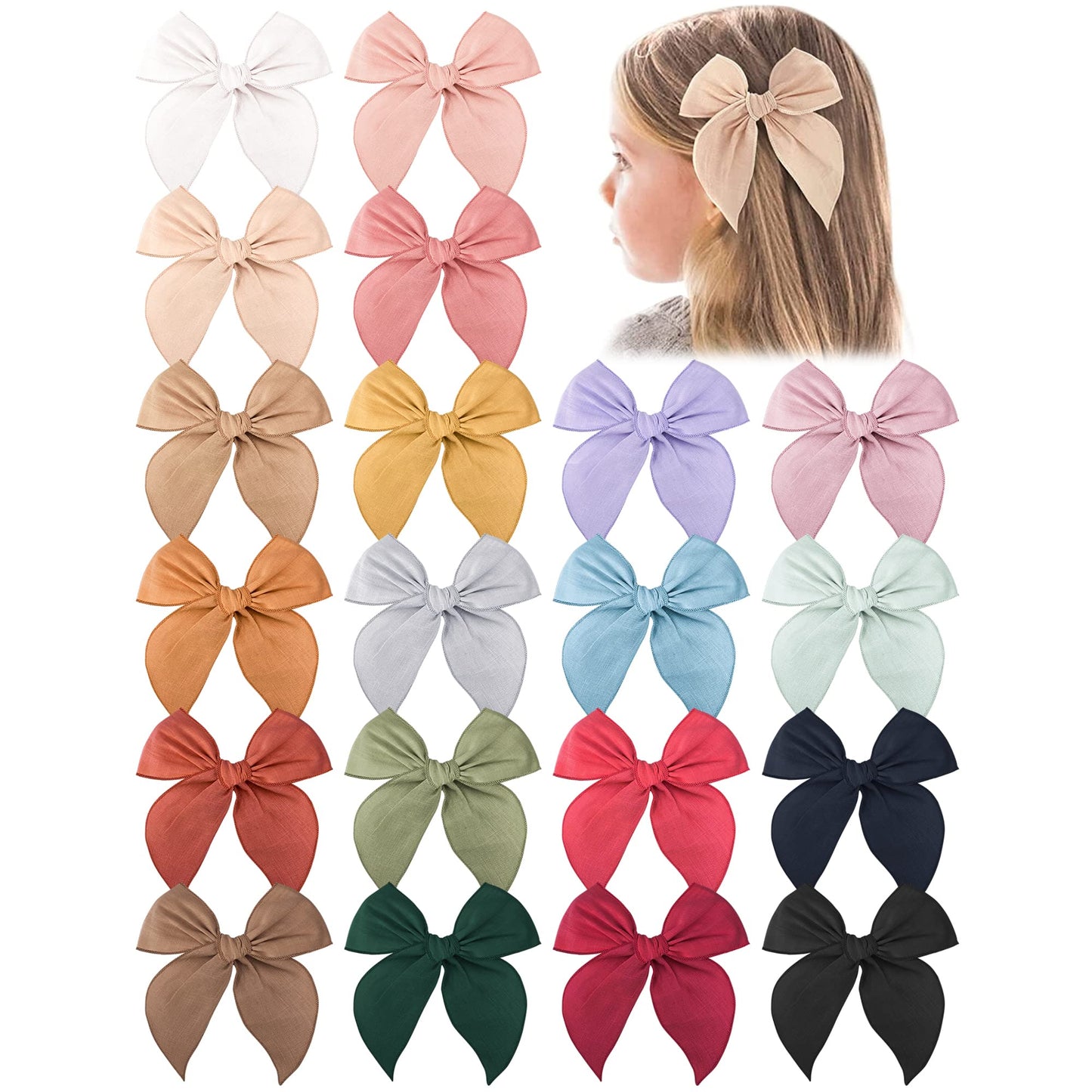 Niceye Pack Of 20 Girls Solid Color Hair Bows Cotton Linen Alligator Hair Clips Or Little Girls Toddlers Kids Neutral Handmade H