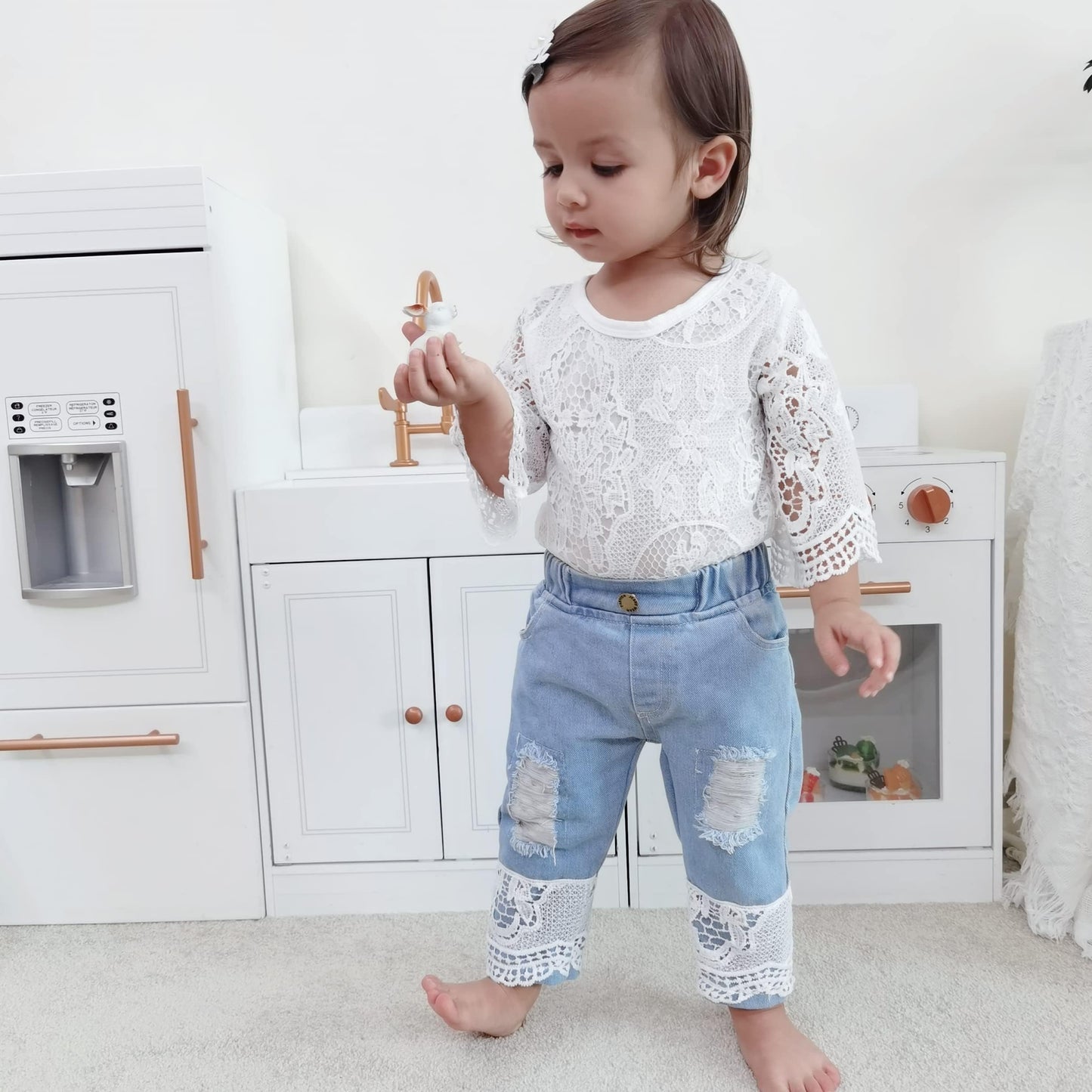 Baby Girl Clothes Outfits Toddler Infant Baby Romper Top+Jeans Clothing Set (White, 18-24 Months)