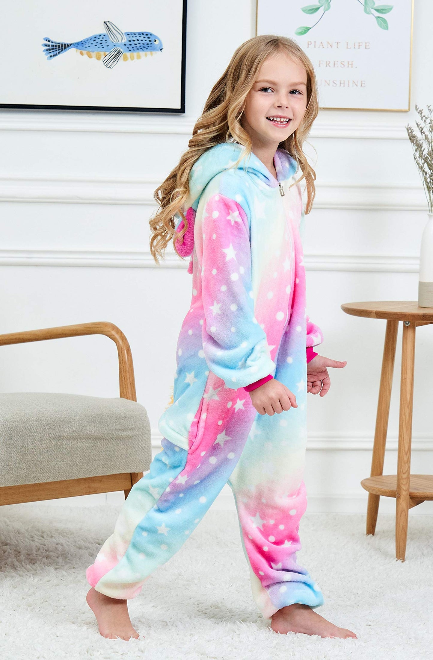 Chetosho Unicorn Hooded Onesie Girls Halloween One Piece Kids Costume (Oblique Stripe Starry Pink Blue 7-8 Years)