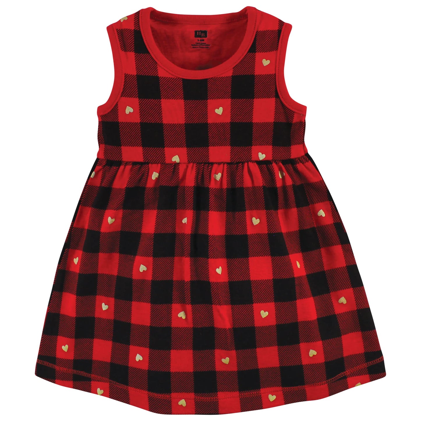 Hudson Baby Baby Girls' Cotton Dress And Cardigan Set, Gold Heart Buffalo Plaid, 6-9 Months