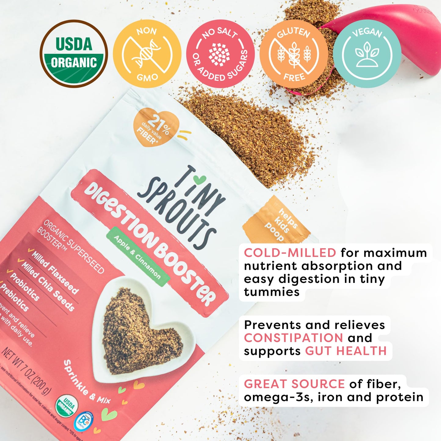 Organic Milled Chia & Flax Seed Digestion Blend With Vitamin D + Probiotics Prebiotic Fiber Superseeds For 6M+ Babies Toddlers &