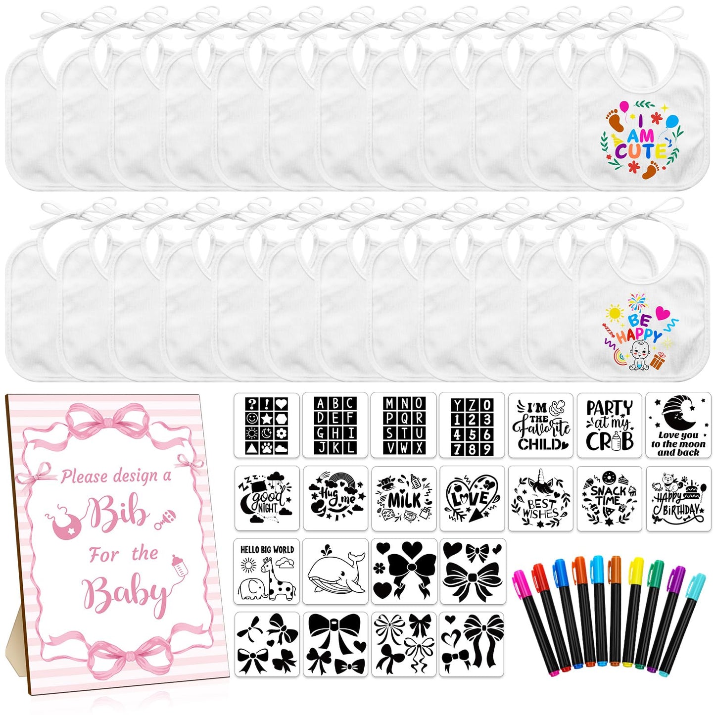 Newwiee 55 Pcs White Bibs for Baby Decorating Design a Bib Decorate Plain newborns Bibs Wooden Sign for Baby Shower Games Kit (P