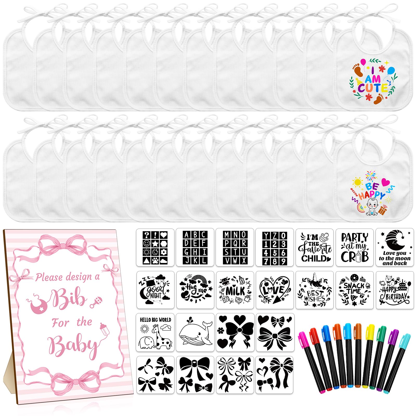 Newwiee 55 Pcs White Bibs for Baby Decorating Design a Bib Decorate Plain newborns Bibs Wooden Sign for Baby Shower Games Kit (P