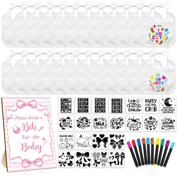 Newwiee 55 Pcs White Bibs for Baby Decorating Design a Bib Decorate Plain newborns Bibs Wooden Sign for Baby Shower Games Kit (P