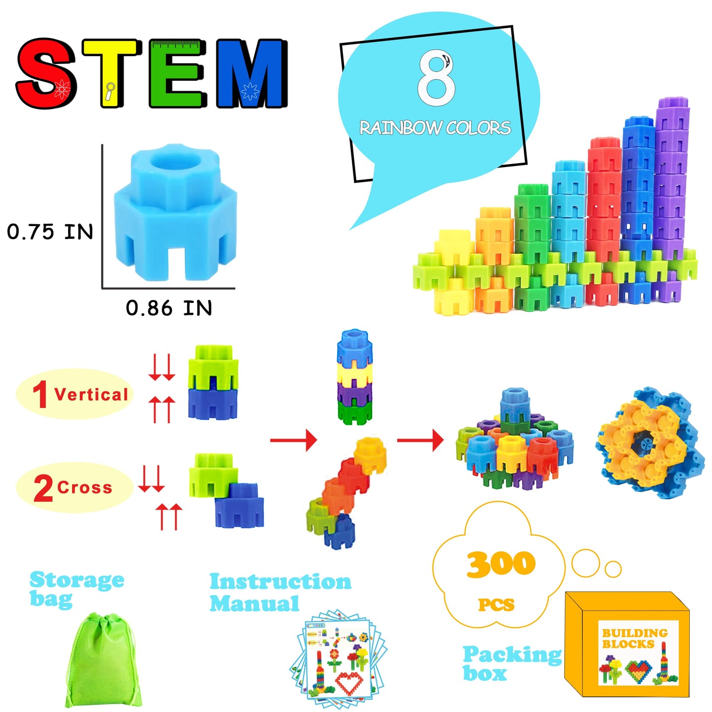 CAPT.GOOSE 300 Pcs Kids Building Blocks with Storage Bag - Interlocking, Colorful Stem Toys for 3+ Year Old - Connects Building