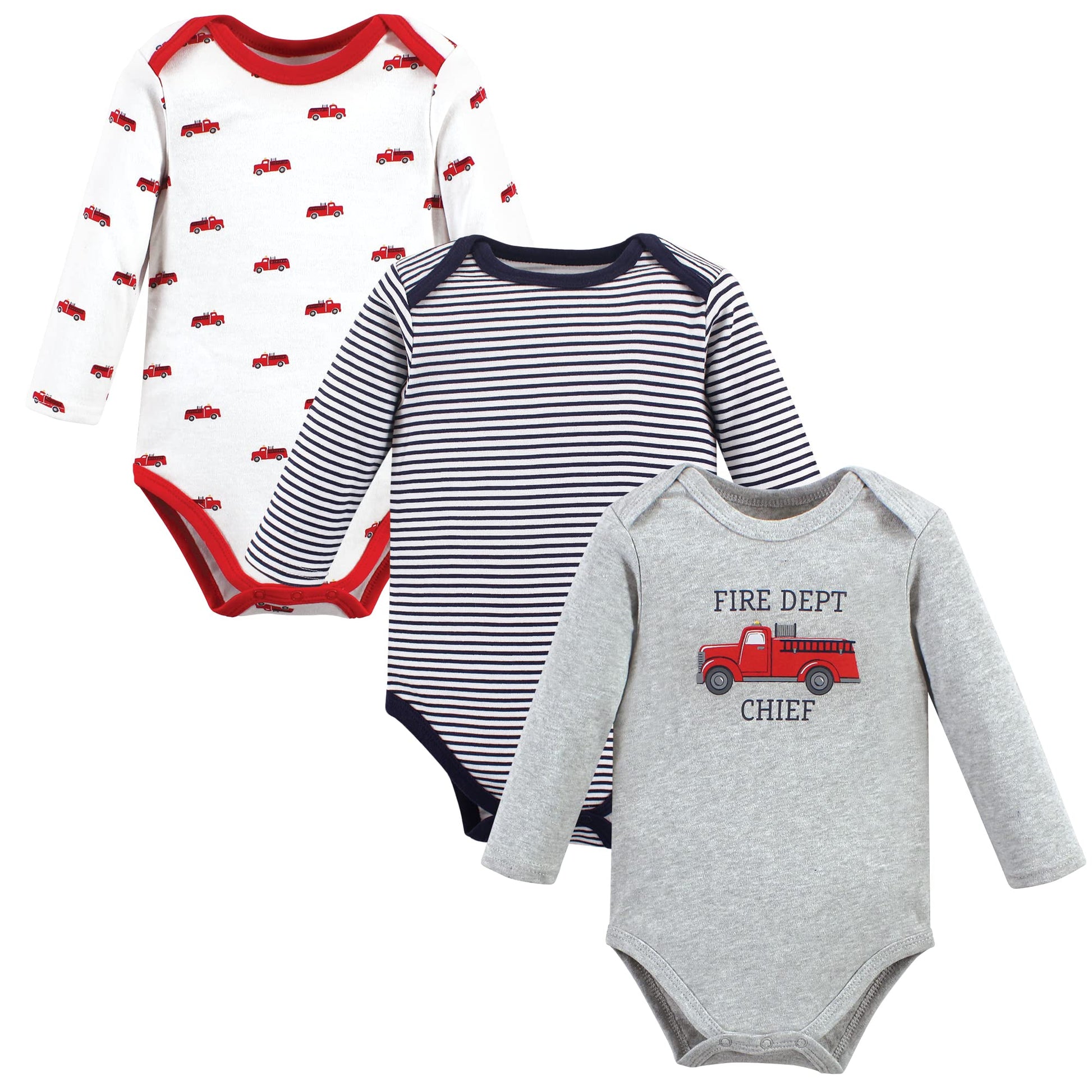 Hudson Baby Unisex Baby Cotton Long-Sleeve Bodysuits, Fire Truck, 0-3 Months