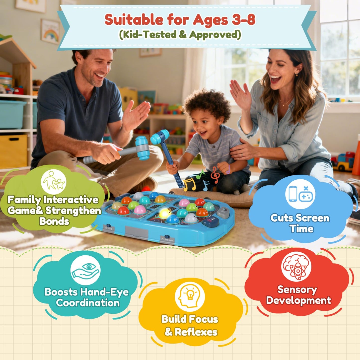 2-Player Whack Game Mole - Toys for Age 3-12 Kids,2 Hammers,3 Modes with Sound & Light,Safe Educational Pounding Toy,Birthday fo