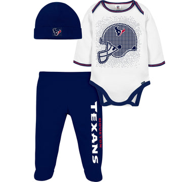 Gerber Nfl Houston Texans 3 Pack Bodysuit Footed Pant And Cap Registry Gift Set, Blue/White Houston Texans, 0-3M