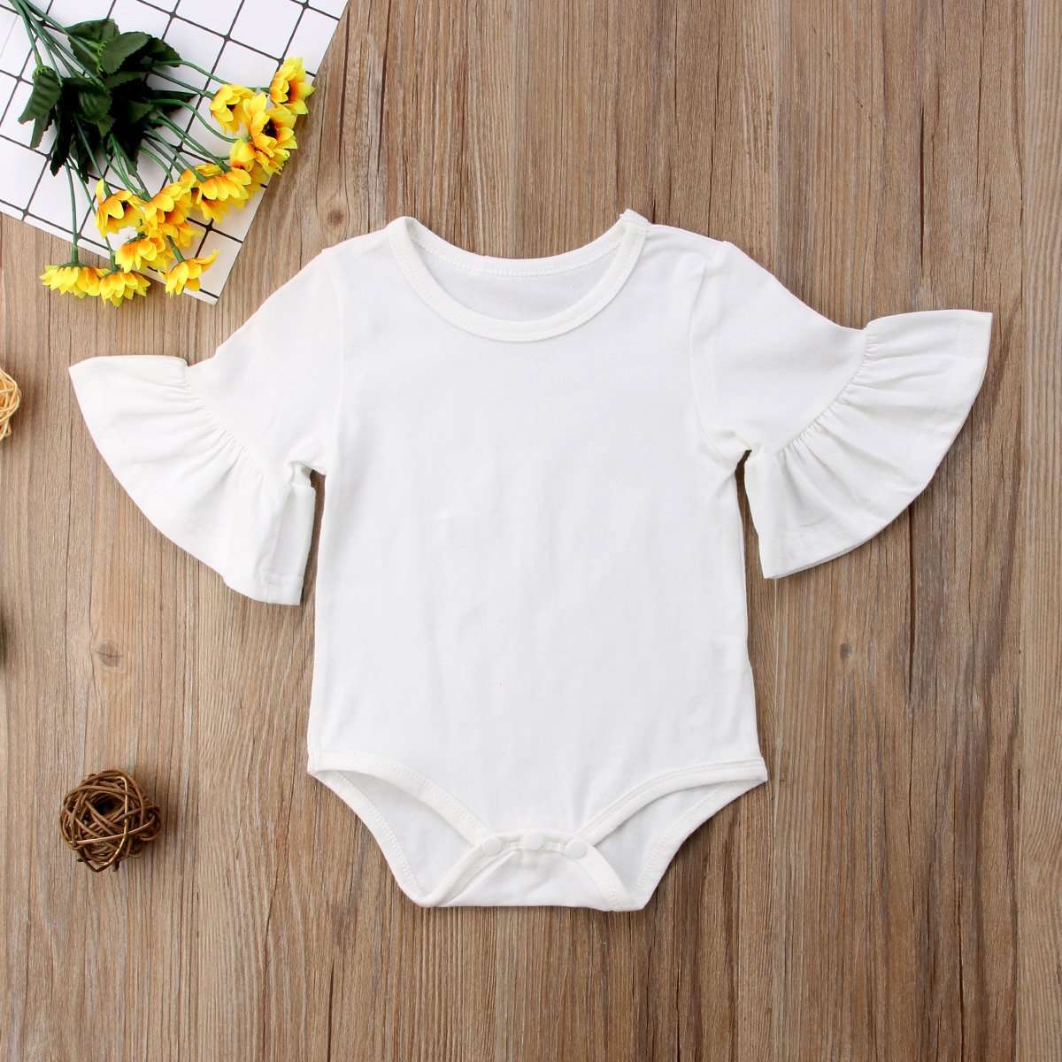 Mubineo Infant Baby Girl Basic Bell Short Sleeve Cotton Romper Bodysuit Tops Clothes (White, 3-9 Months)