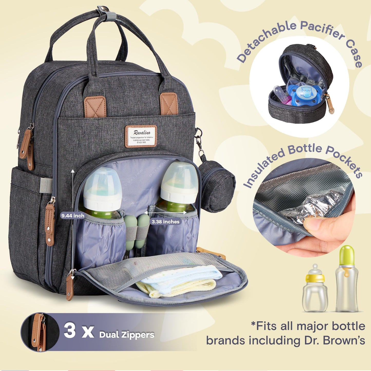 Ruvalino Diaper Bag Backpack - Multifunction Waterproof Travel Backpack, Baby Bag With Changing Pad & Stroller D-Ring & Pacifier