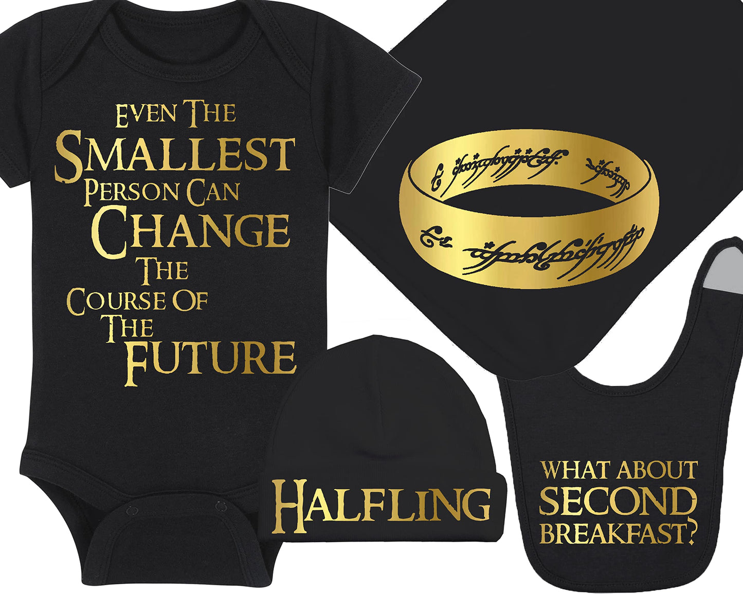 Fantasy Movie Baby Onesie - Even The Smallest Person Can Change The Course Of The Future (3-6 Month - Black Fabric - Gold Design