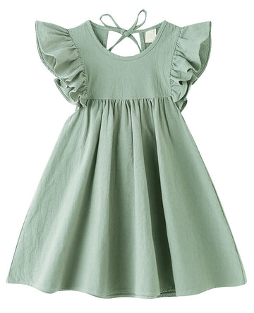 Lyxiof Toddler Baby Girl Cotton Linen Dress Ruffle Sleeve Halter Sleeveless Kids Casual Beach Dresses Green 120Cm