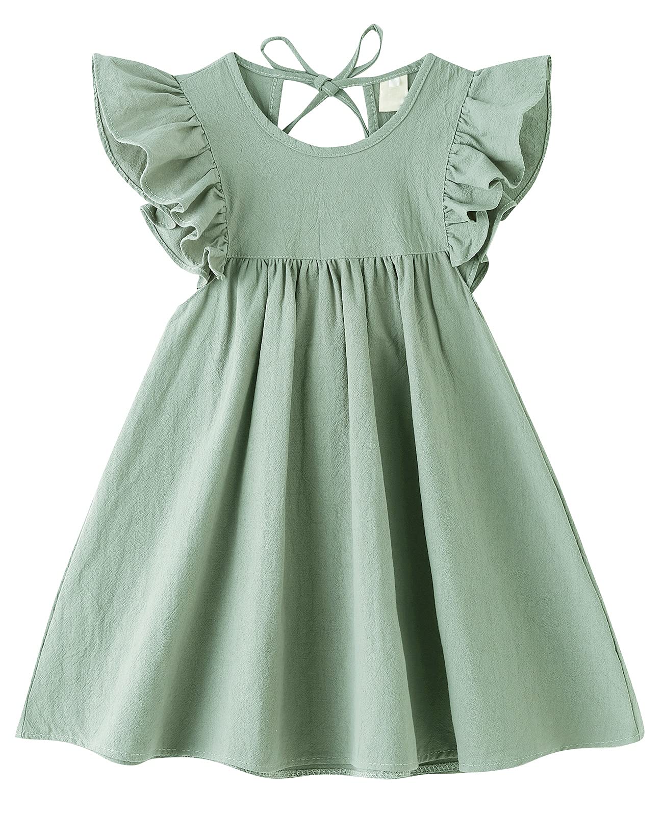 Lyxiof Toddler Baby Girl Cotton Linen Dress Ruffle Sleeve Halter Sleeveless Kids Casual Beach Dresses Green 130Cm