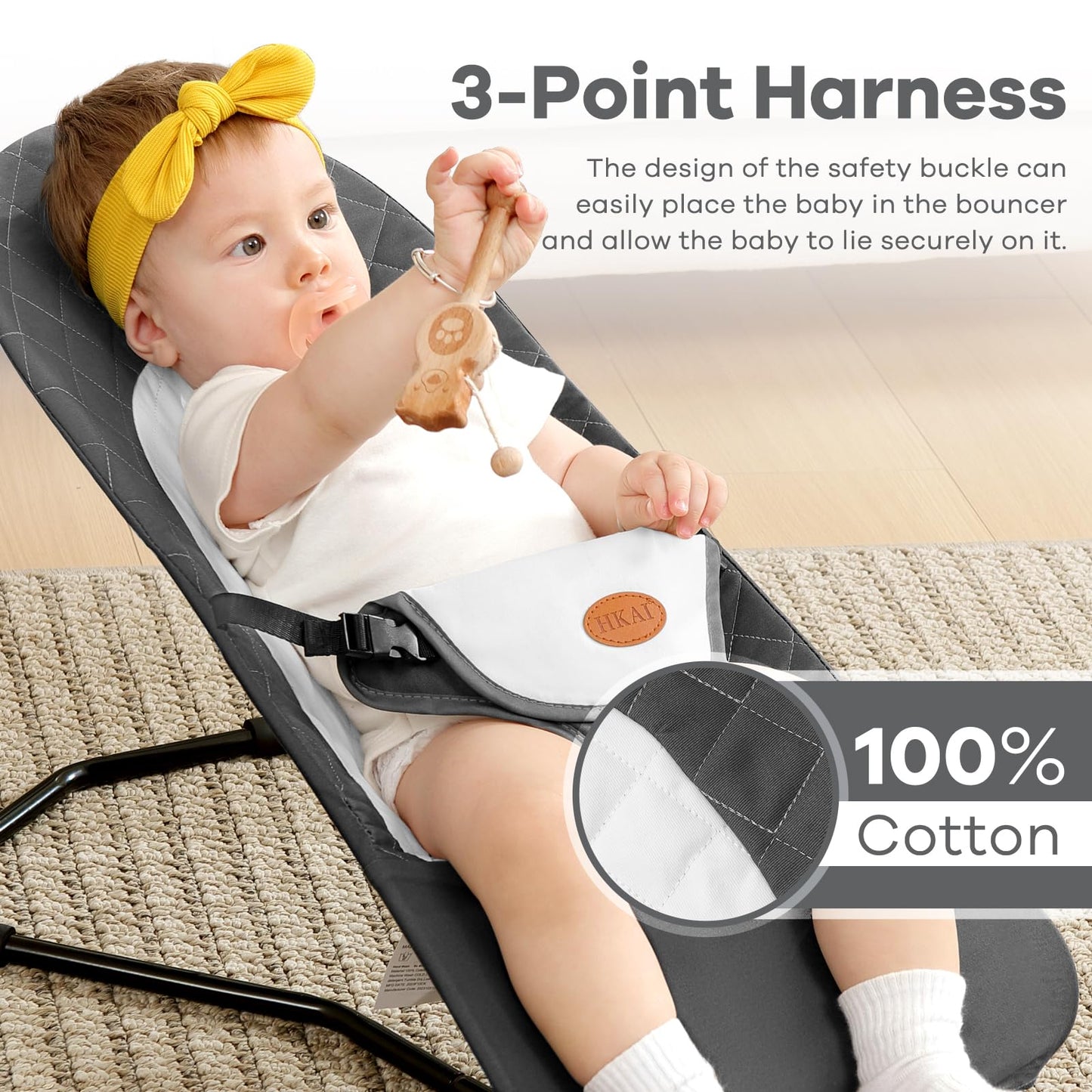Hkai Baby Bouncer, Portable Baby Bouncer Seat For Babies 0-18 Months, 100% Cotton Fabrics, 3 Modes Of Use With Rocker And Statio