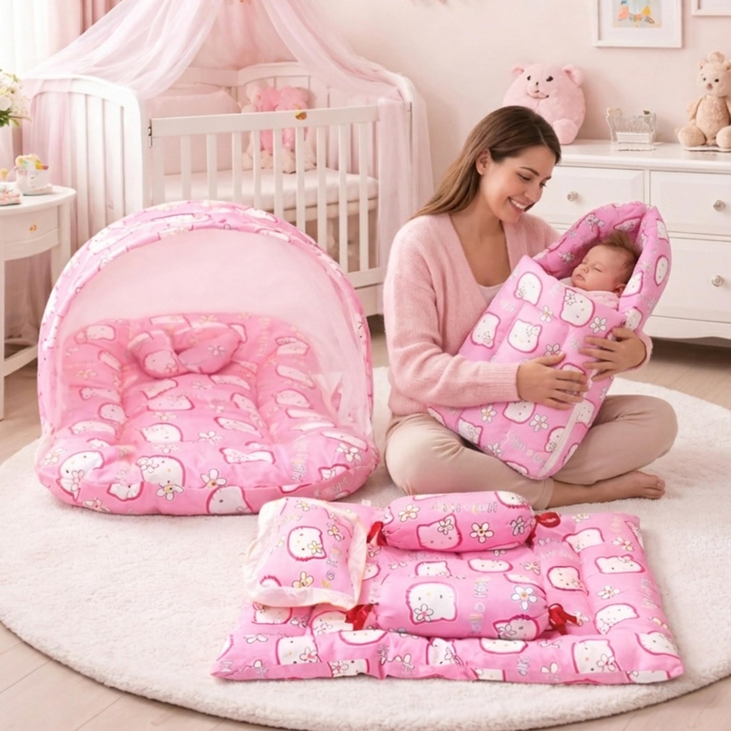Fareto Combo Of Baby Cotton Mattress With Net | Sleeping Bag | 4 Pcs Bedding Set(06 Months, Pink, Size)