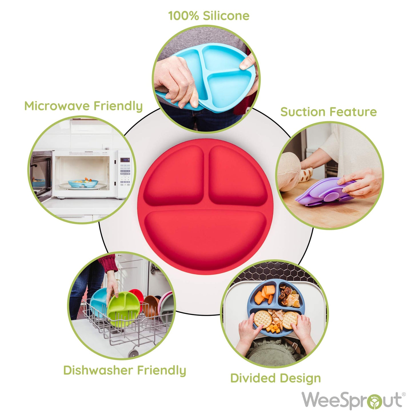 Weesprout Suction Plates For Babies & Toddlers | 100% Silicone | Plates Stay Put With Suction Feature | Divided Design | Microwa
