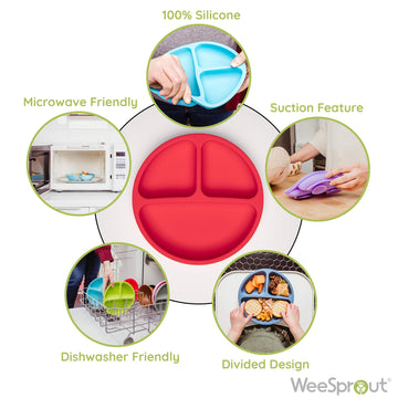 Weesprout Suction Plates For Babies & Toddlers | 100% Silicone | Plates Stay Put With Suction Feature | Divided Design | Microwa
