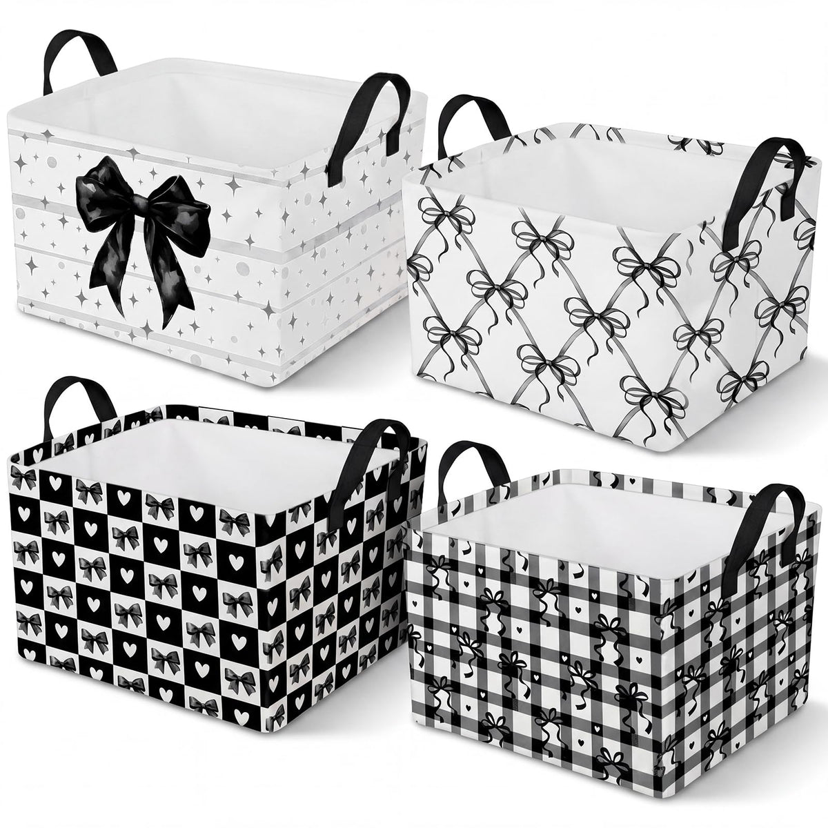 Bulyoou 4 Pcs Coquette Black Bow Storage Basket for Gifts Dark Preppy Girly Collapsible Fabric Storage Bins with Handle Foldable