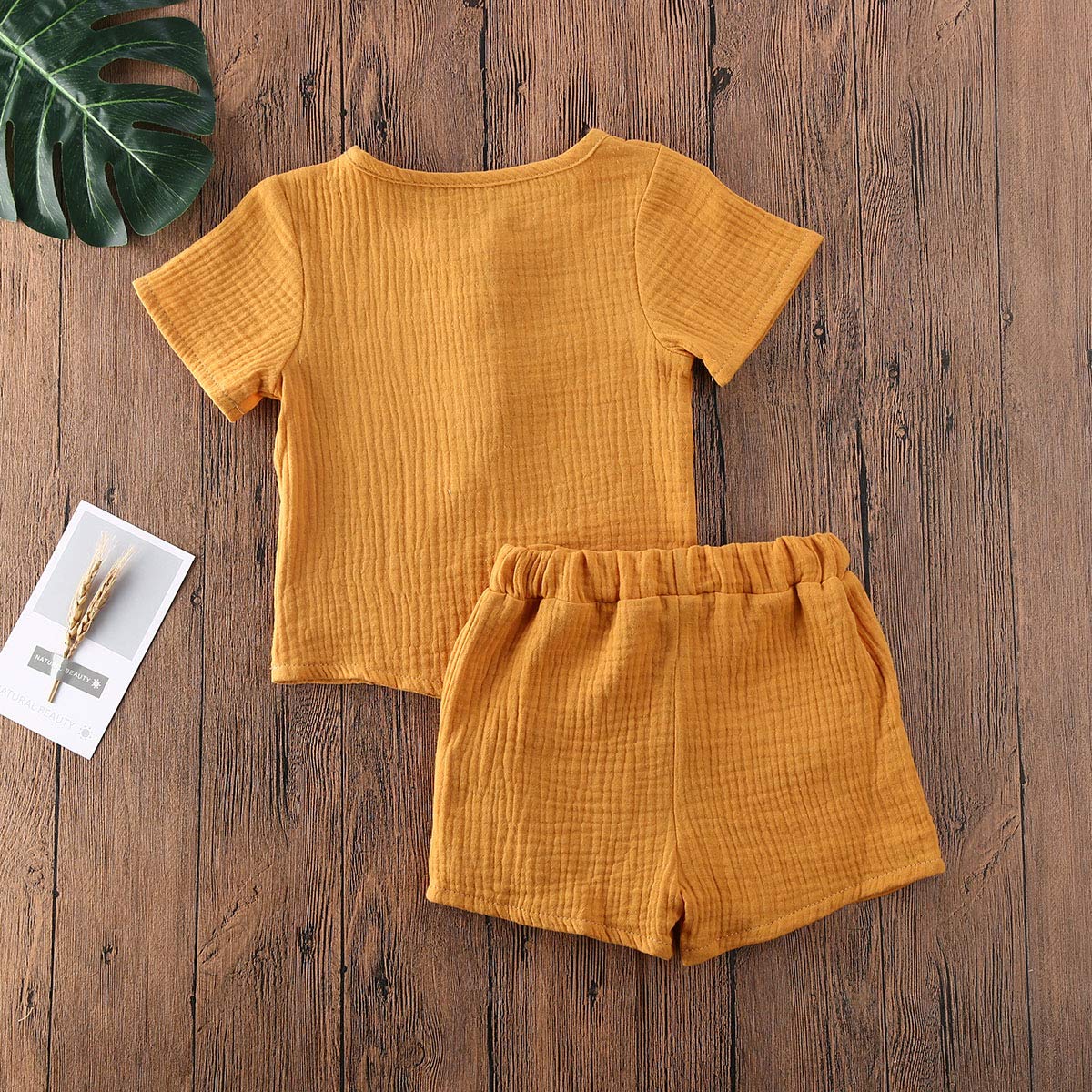Fhutpw Baby Boys 2Pcs Summer Outfits Short Sleeve T-Shirt Tops Elastic Waistband Shorts Set Toddler Clothes (Linen Yellow, 2-3 Y