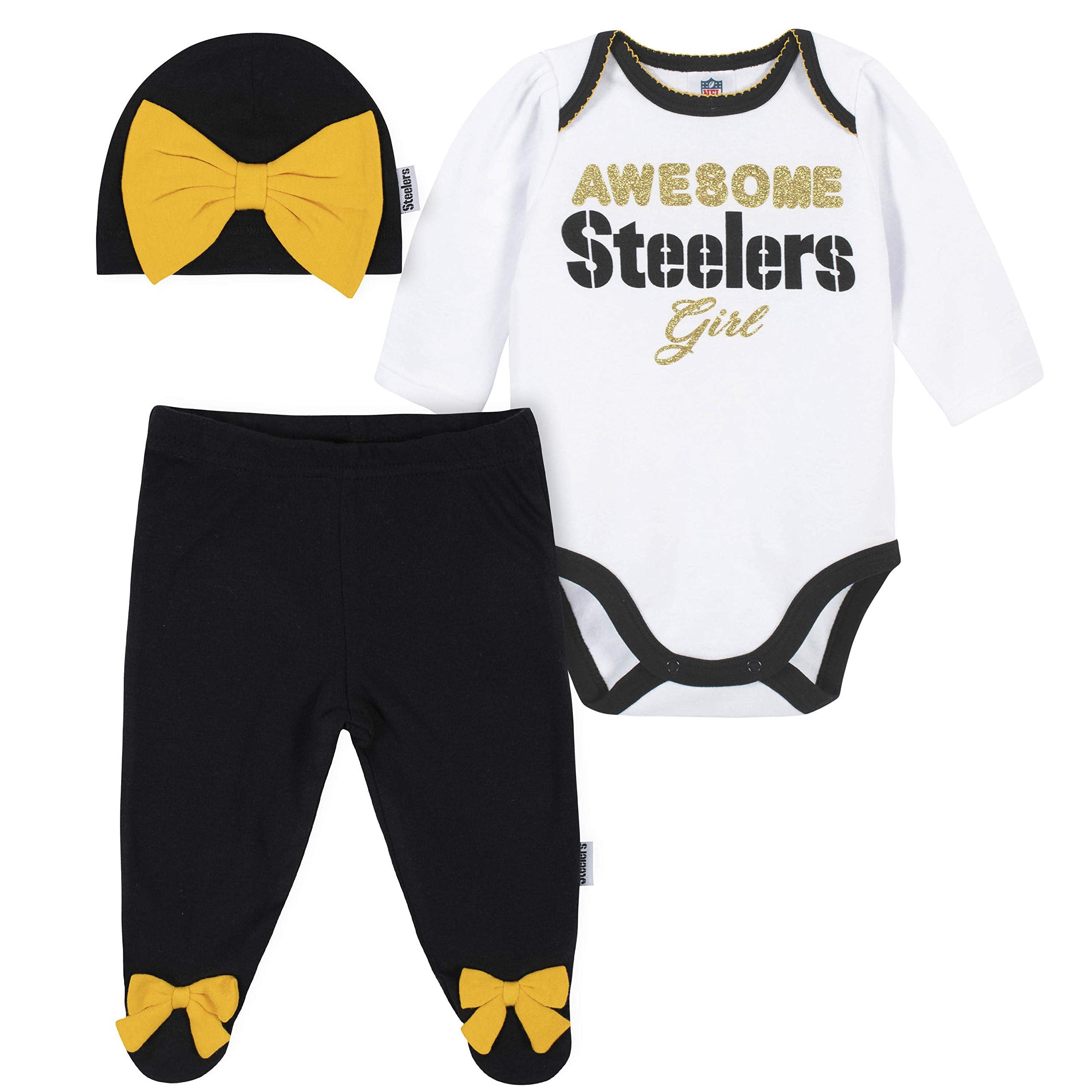 Nfl Pittsburgh Steelers 3 Pack Bodysuit Footed Pant And Cap Registry Gift Set, B WBBAPB07VH1N8C1