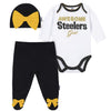 Nfl Pittsburgh Steelers 3 Pack Bodysuit Footed Pant And Cap Registry Gift Set, Blackwhite Pittsburgh Steelers, 0-3M