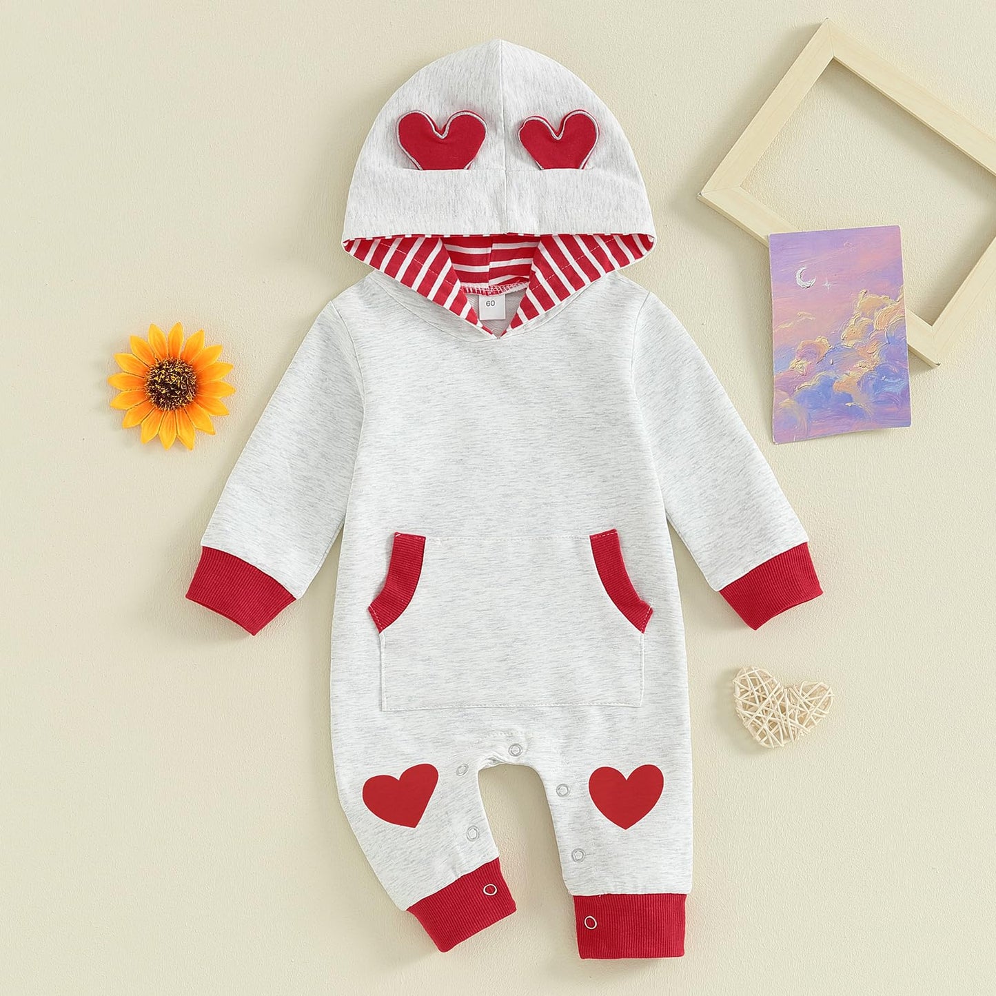 Lagkiyoj Newborn Baby Girl Boy Valentines Day Outfit Long Sleeve Hooded Jumpsuit Heart Romper Infant Spring Clothes (Gray Heart