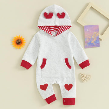 Lagkiyoj Newborn Baby Girl Boy Valentines Day Outfit Long Sleeve Hooded Jumpsuit Heart Romper Infant Spring Clothes (Gray Heart