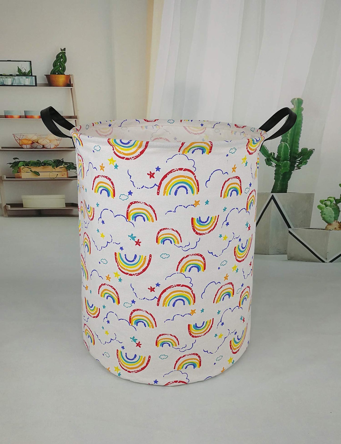 Huayee 19.7 Inches Large Laundry Basket Waterproof Round Cotton Linen Collapsible Storage Bin With Handles For Hamper Kids Room,