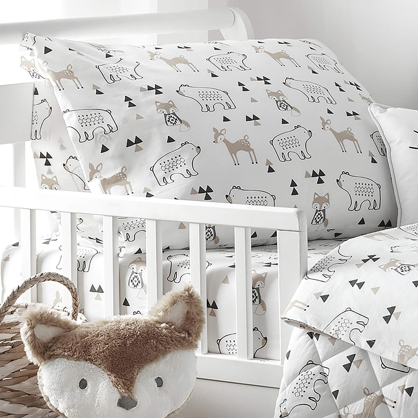 Levtex Baby Bailey Bear, Animals, Woodland, Charcoal, Beige, White -5Pc Toddler Set - Neutral Kids Bedding - Reversible Quilt, F