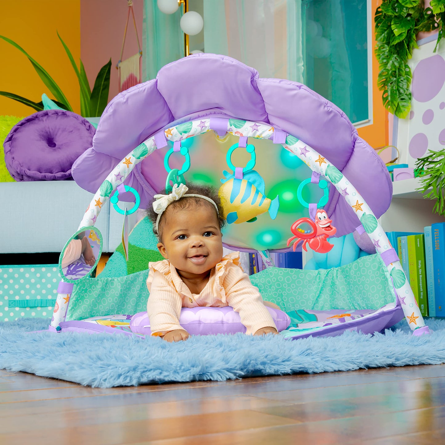 Bright Starts Disney Baby The Little Mermaid Twinkle Trove Light-Up Musical Baby Activity Gym with Tummy Time Pillow, Newborn+
