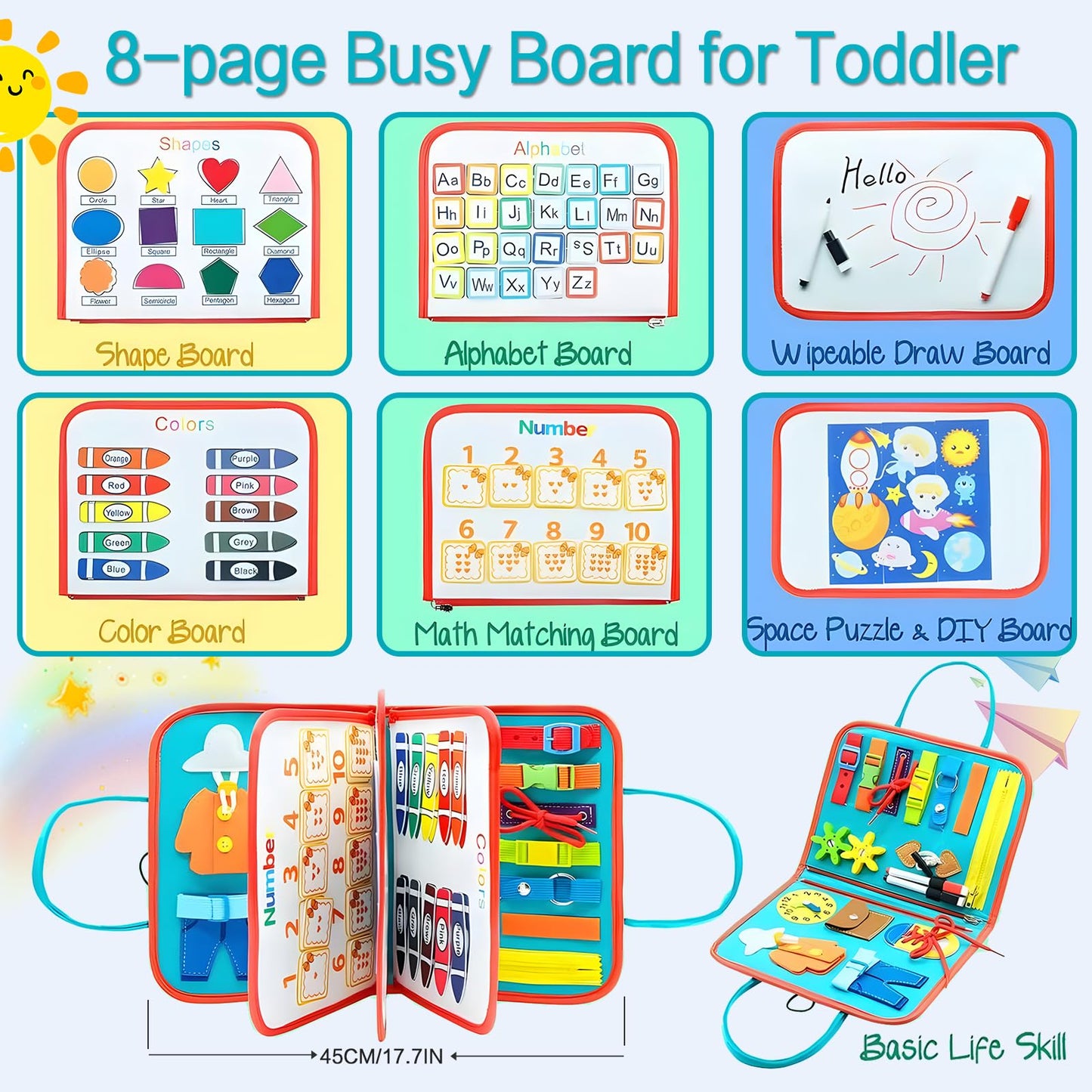 Busy Board for 1 2 3 4 Year Old Toddler Montessori Busy Book Sensory Learning Toys for Boys Girls Birthday Idea Gift (Green)