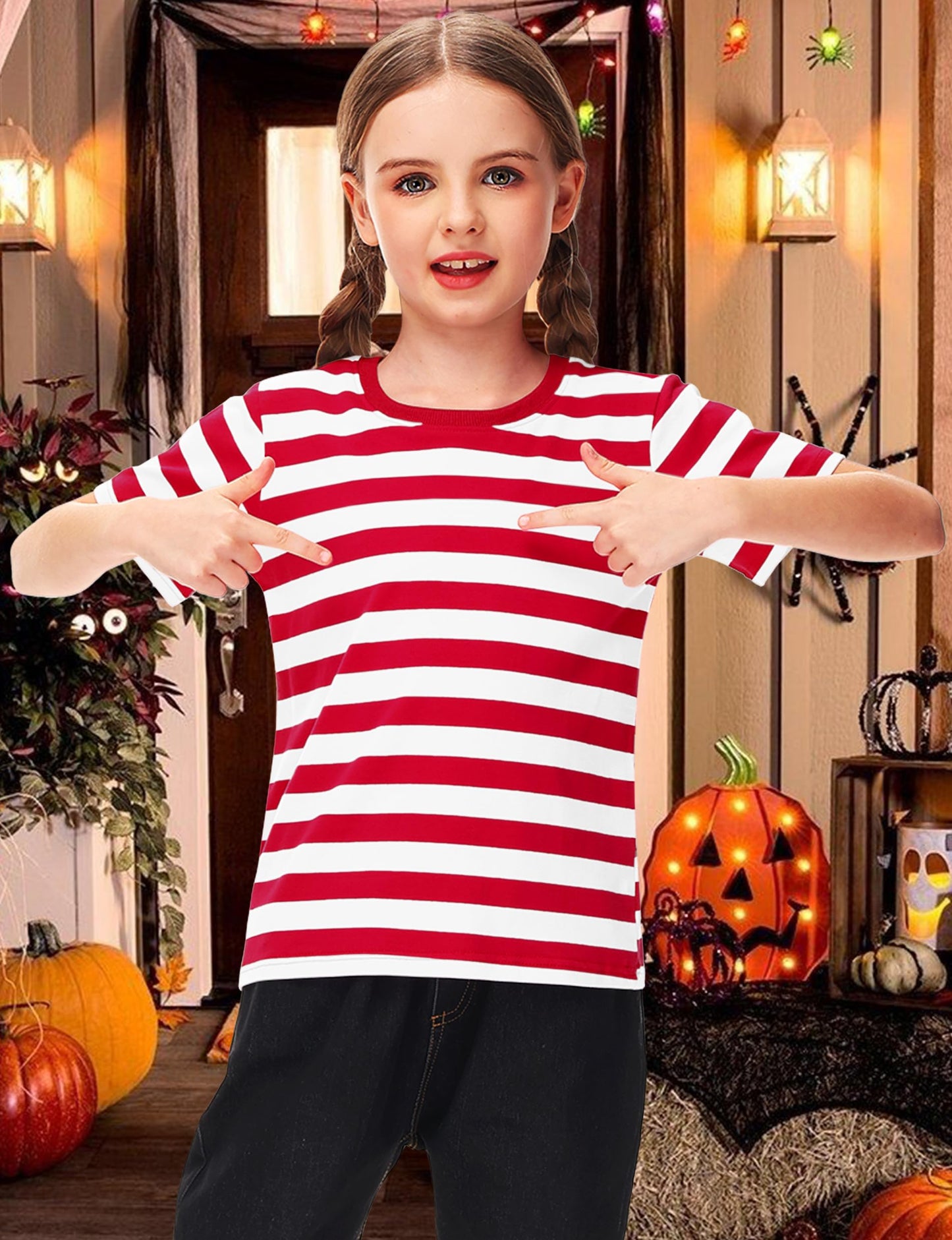 Halloween Boys Waldo Costume Red White Striped Shirt Summer Short Sleeve Crewneck Basic Tee Top 5-6 Years