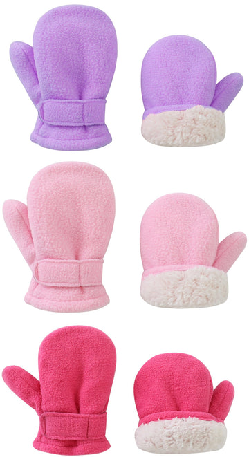 Baby Toddler Mittens Boys Girls Winter Outdoor Gloves Kids Easy-On Fleece Warm Mittens Purple Pink Rose 3 Pairs L(2-4 Years)