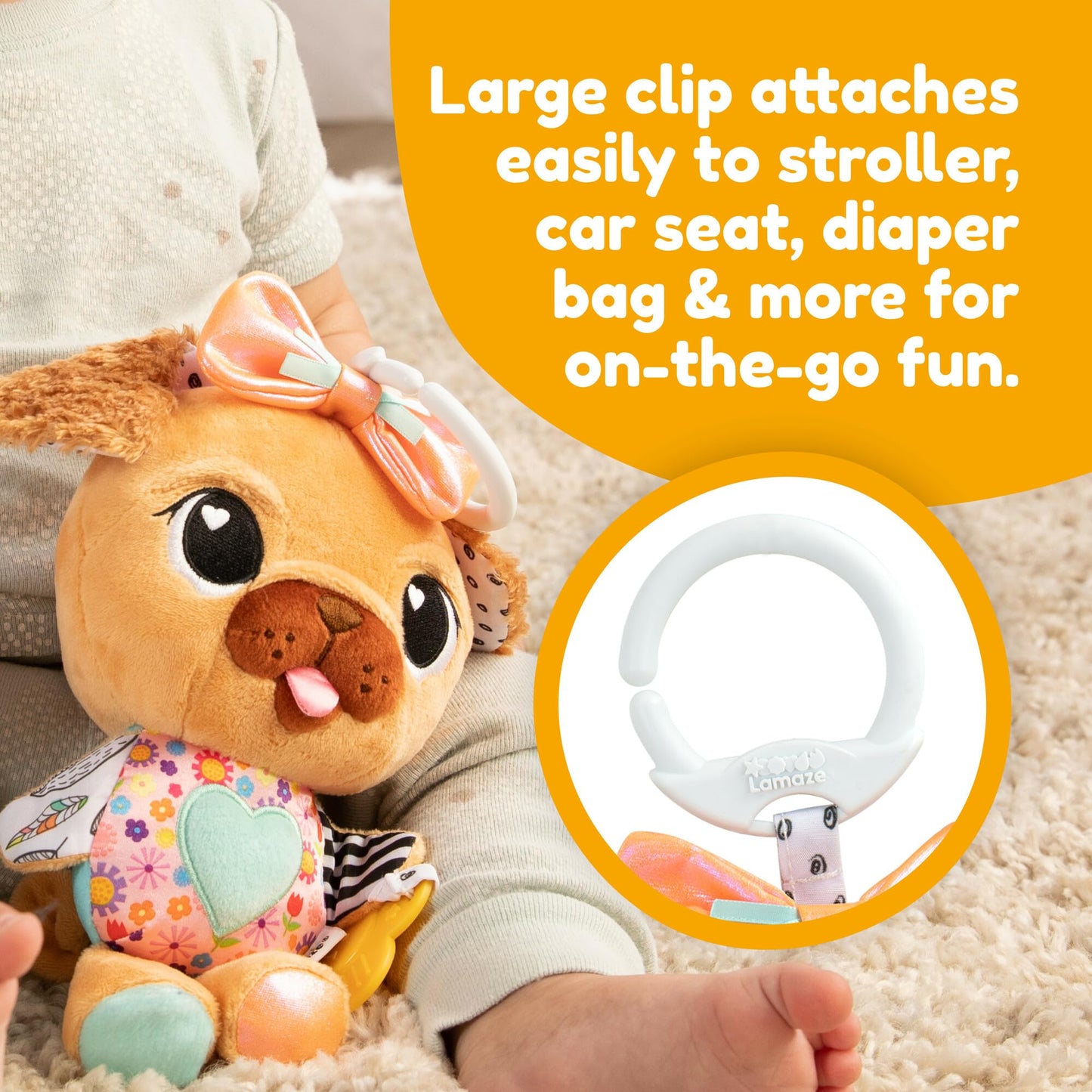 LAMAZE Lovey The Pug Clip On Toy - Baby Sensory Toys for Stroller or Car - Developmental Stroller and Car Seat Toys - Includes C