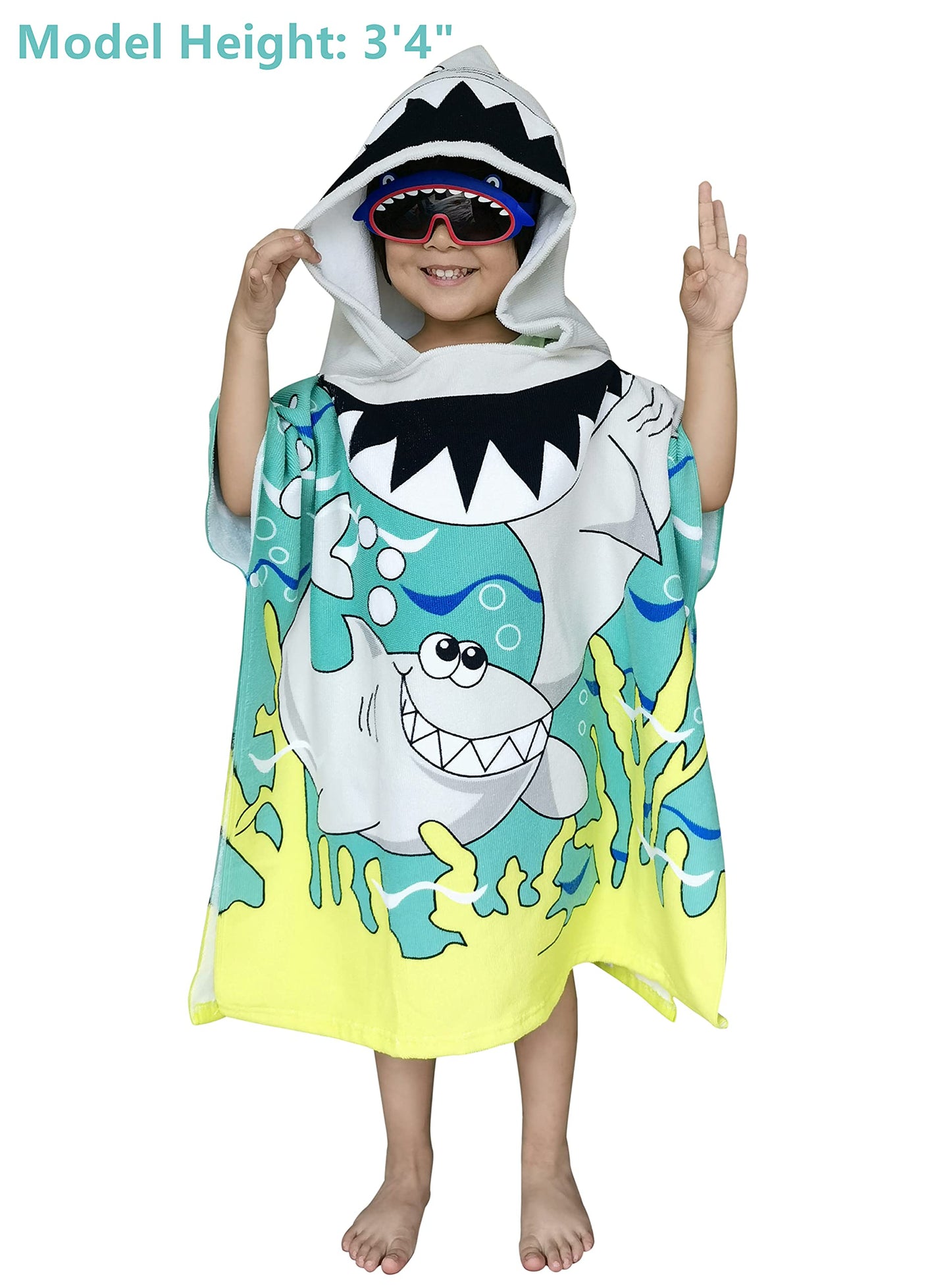 Athaelay Wearable Towel For Kids Toddlers Bath Pool Beach Swim Poncho Cover-Ups Swimwear For Little Boys Girls, Shark Theme With