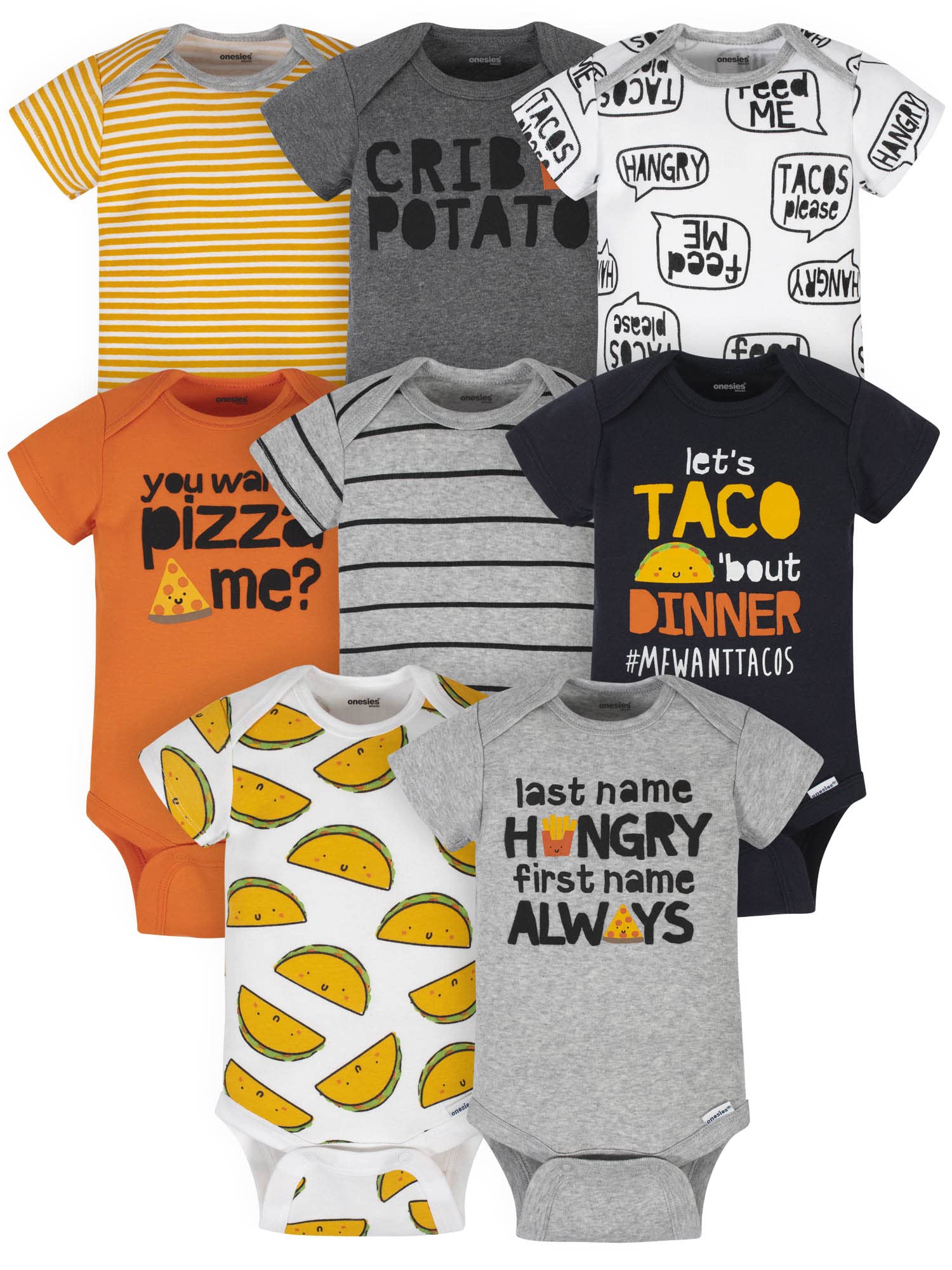 Onesies Brand Baby Boys' 8-Pack Short Sleeve Mix & Match Bodysuits, Grey Hungry, 0-3 Months
