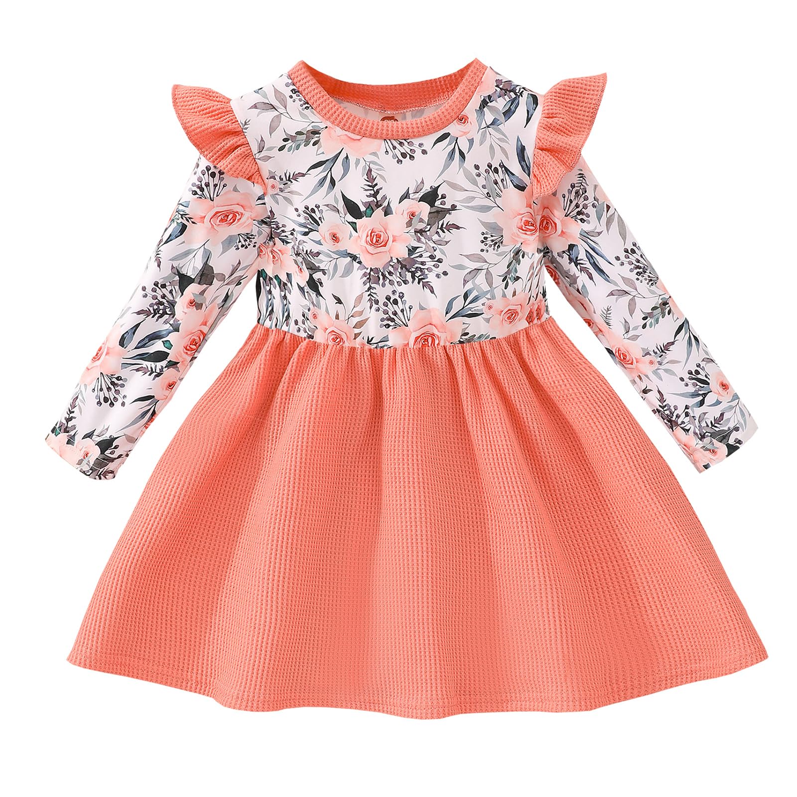 Toddler Baby Girl Fall Winter Dress Baby Toddler Girl Floral Tunic Dress Long Sleeves Casual Outfits Orange Pink