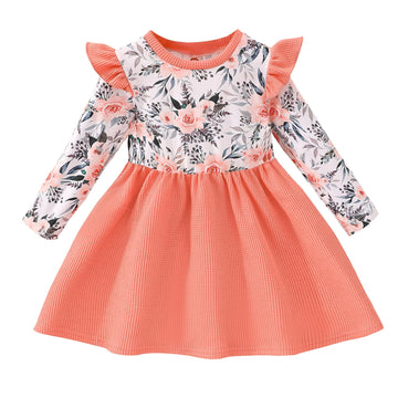 Toddler Baby Girl Fall Winter Dress Baby Toddler Girl Floral Tunic Dress Long Sleeves Casual Outfits Orange Pink