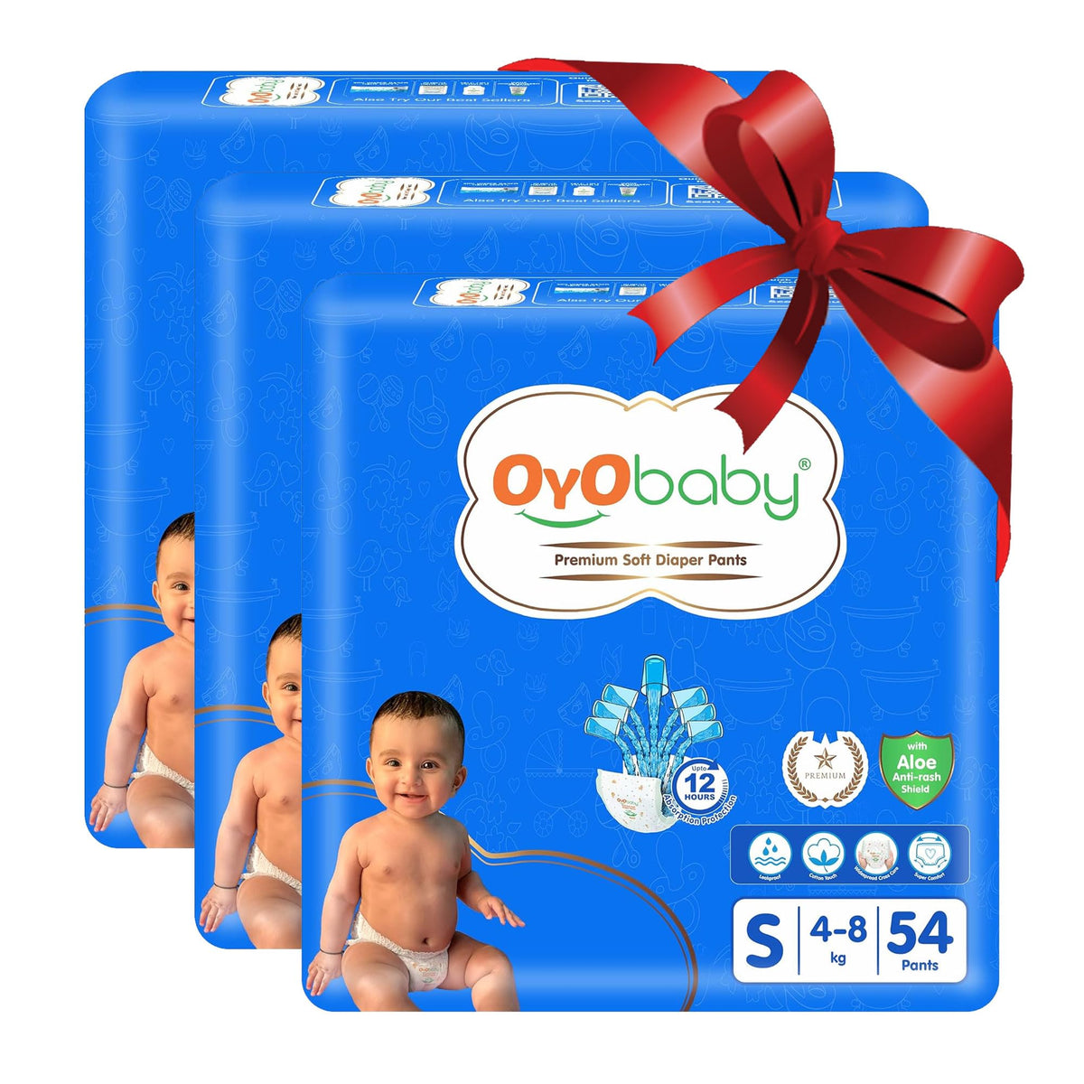Oyo Baby Pant Style Baby Diapers, Pack Of 3  Small (S), 54Count, For Babies 48Kg, With Aloe Vera Lotion For Rash Protection & 