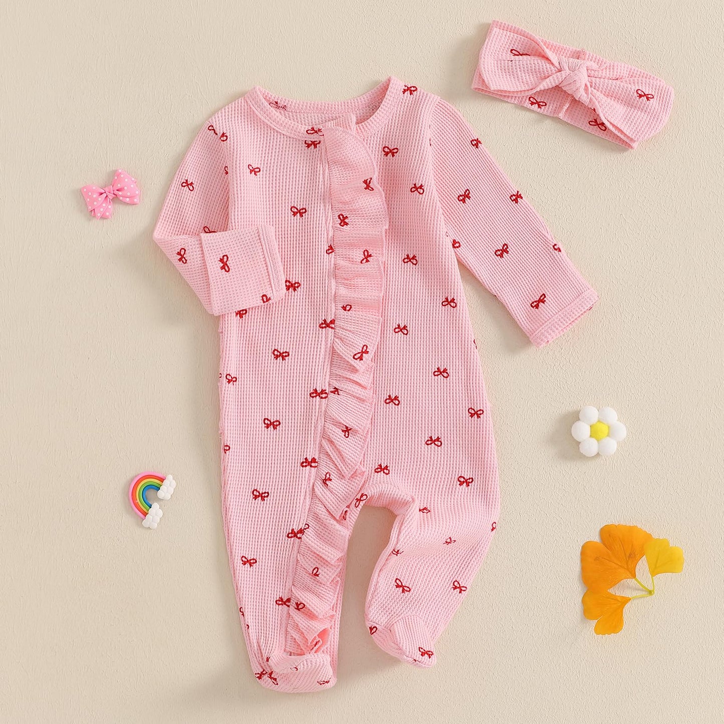 Ayalinggo Valentines Baby Girl Outfit Bowknot Heart Footie Romper Long Sleeve Onesie Newborn Christmas Clothes (Pink Bowknot, Ne