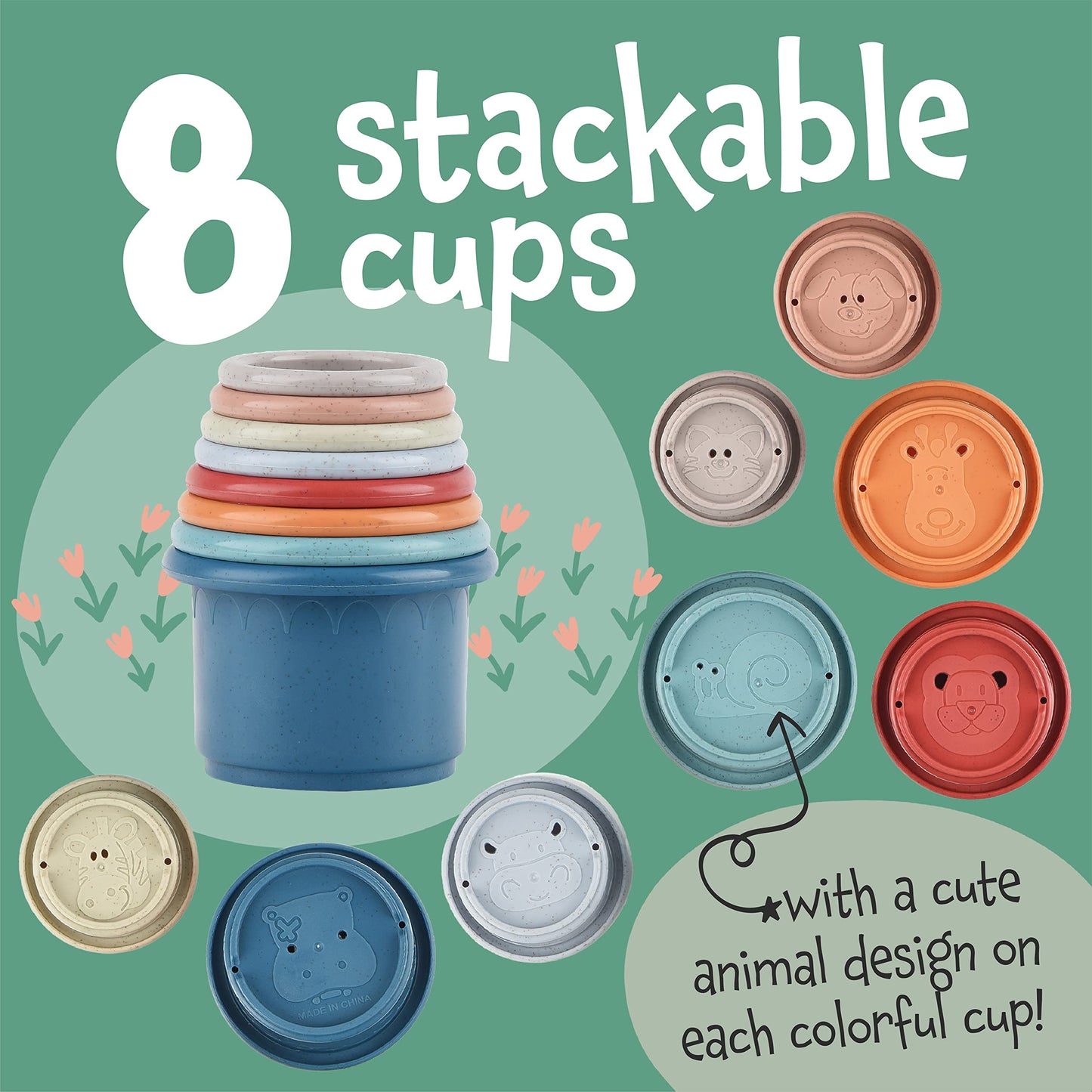 [8 PC] Stacking Cups for Rabbits - Wheat Straw Rabbit Toys with Cute Animal Designs - Bunny Stacking Cups to Play with Rabbits -