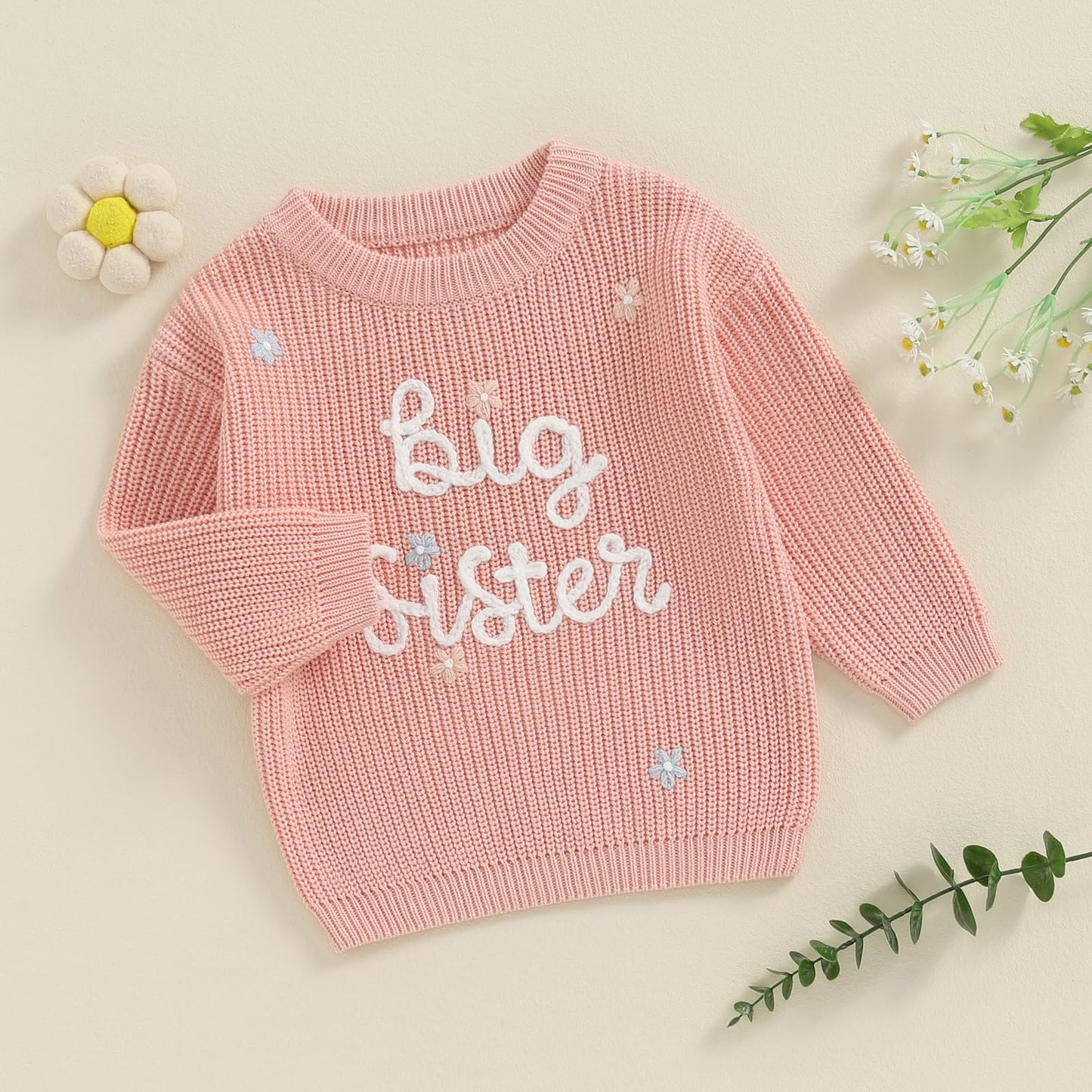 Amnnchya Toddler Infant Baby Girl Knit Sweater Big Sister Little Sister Matching Outfits Long Sleeve Pullover Sweatshirt (Pink,