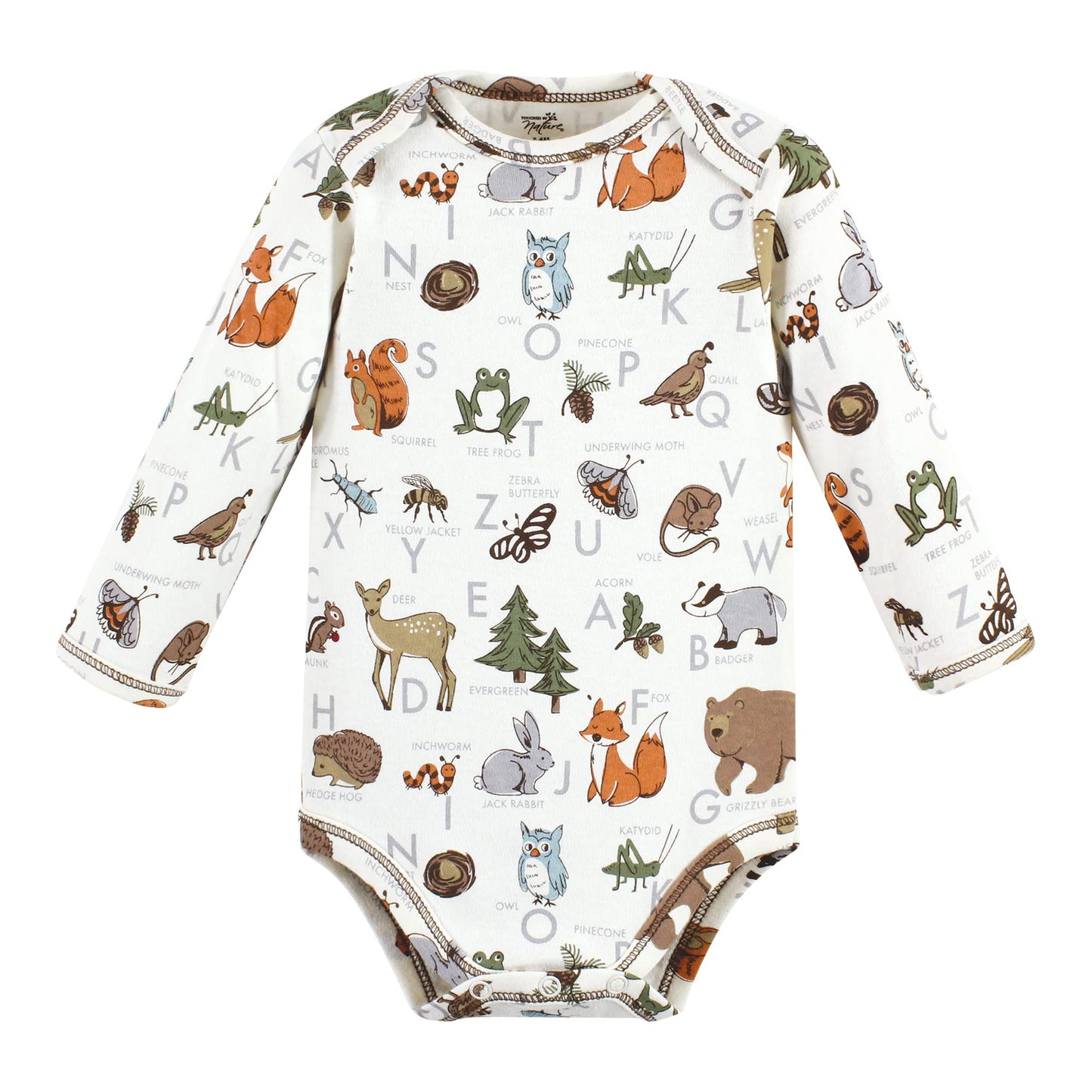 Touched By Nature Unisex Baby Organic Cotton Long-Sleeve Bodysuits, Boy Woodland Alphabet, 12-18 Months
