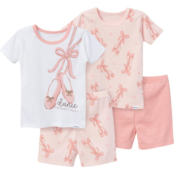 Gerber Baby Girls' Toddler Snug Fit 4-Piece Pajama Short Set, Ballet Slippers, 12 Months
