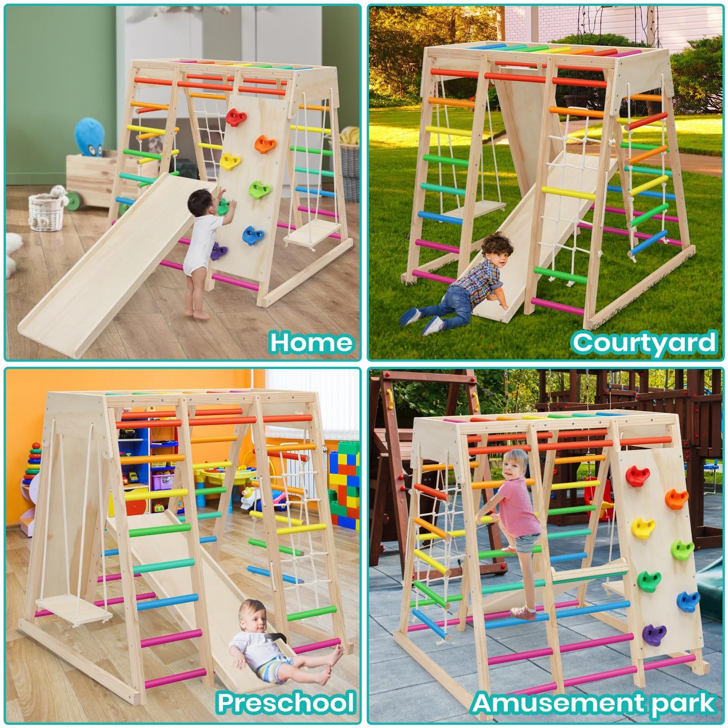 Edostory 7 In 1 Pikler Indoor Playground Jungle Gym Playset, Wooden Montessori Climber With Slide, Rock Climb Wall, Monkey Bars,