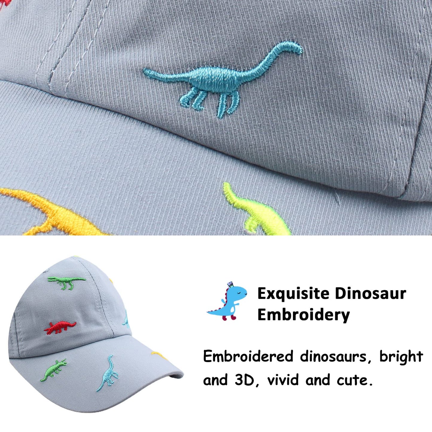 Bamery Toddler Baseball Hat For Boys&Girls Baby Baseball Cap Embroidery Dinosaur Kids Hat For 2-6T (Dinosaur Sky Blue, 2-6T)