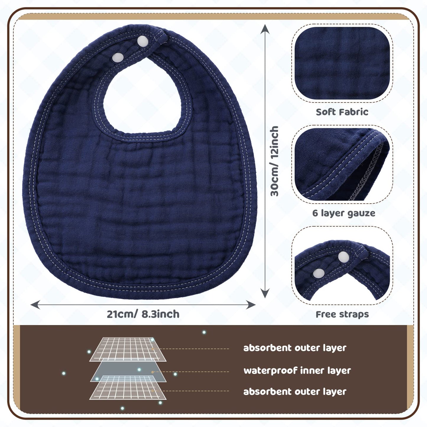 Frienda 6 Pcs Muslin Bibs Baby Burping Cloth Teething Bandana Bibs 6 Absorbent Layers For 6 Month+ Baby (Gray Series)