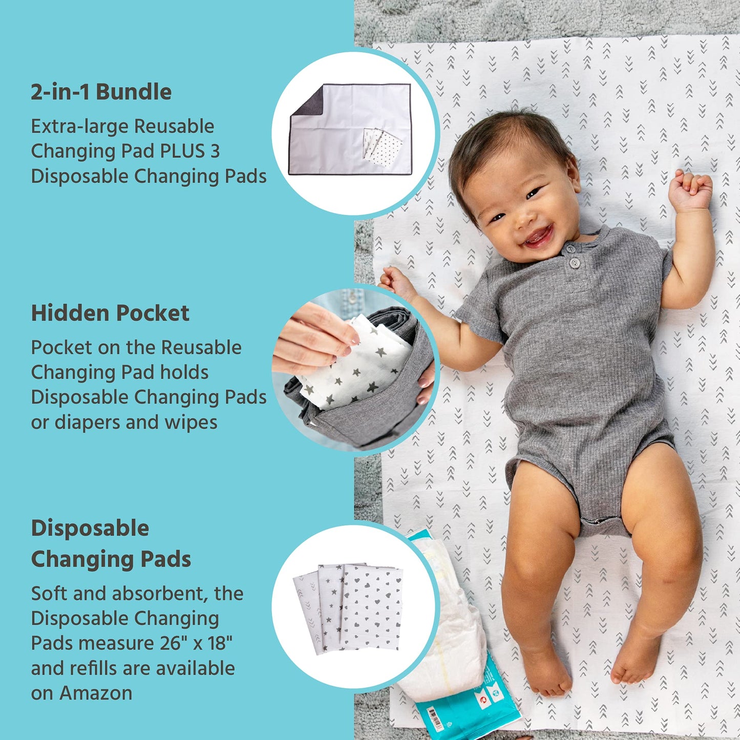 Healthy Habits By J.L. Childress Baby Changing Pad Bundle - Portable Padded Diaper Changing Pad With Pocket Plus 3 Disposable Ch